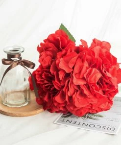 HIER_1120 5 Bushes | Red Artificial Silk Hydrangea Flowers, Faux Bouquets Artificial Hydrangeas Arrangements
