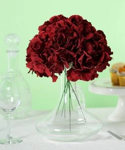 HIER_5120 10 Flower Head & Stems | Burgundy Artificial Satin Hydrangeas, DIY Arrangement Chargers & Centerpieces