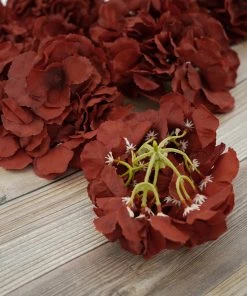 HIER_5120 10 Flower Head & Stems | Burgundy Artificial Satin Hydrangeas, DIY Arrangement Chargers & Centerpieces