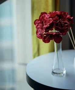 HIER_5120 10 Flower Head & Stems | Burgundy Artificial Satin Hydrangeas, DIY Arrangement Chargers & Centerpieces