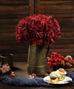 HIER_5120 10 Flower Head & Stems | Burgundy Artificial Satin Hydrangeas, DIY Arrangement Chargers & Centerpieces