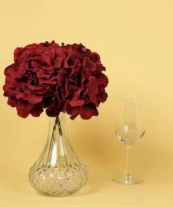 HIER_5120 10 Flower Head & Stems | Burgundy Artificial Satin Hydrangeas, DIY Arrangement Chargers & Centerpieces