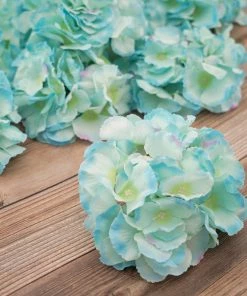 HIER_5120 10 Flower Head & Stems | Blue Artificial Satin Hydrangeas, DIY Arrangement Chargers & Centerpieces