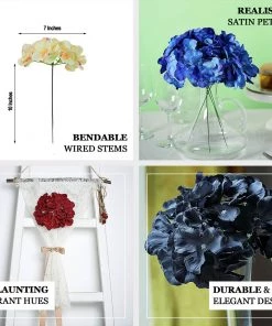 HIER_5120 10 Flower Head & Stems | Blue Artificial Satin Hydrangeas, DIY Arrangement Chargers & Centerpieces