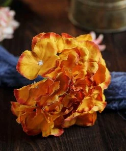 HIER_5120 Chargers & Centerpieces 10 Flower Head & Stems | Gold Artificial Satin Hydrangeas, DIY Arrangement