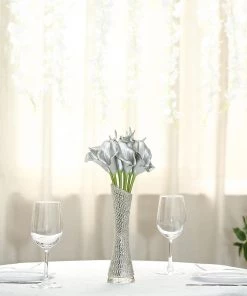 HIER_1400 10 Stems | 14" Metallic Silver Artificial Poly Foam Calla Lily Flowers Chargers & Centerpieces