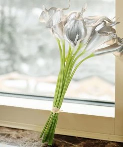 HIER_1400 10 Stems | 14" Metallic Silver Artificial Poly Foam Calla Lily Flowers Chargers & Centerpieces