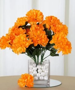 HIER_1150 12 Bushes | Orange Artificial Silk Chrysanthemum Flower Bouquets Faux Carnations | Mums