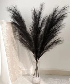 HIER_1400 3 Stems | 44" Black Artificial Pampas Grass Plant Sprays, Faux Branches Vase Flower Arrangement Chargers & Centerpieces