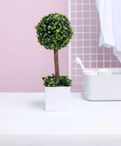 HIER_1600 Chargers & Centerpieces 16" Green Artificial Boxwood Topiary Ball Tree In White Planter Pot