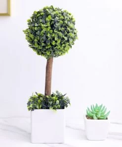 HIER_1600 Chargers & Centerpieces 16" Green Artificial Boxwood Topiary Ball Tree In White Planter Pot