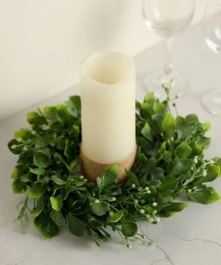 HIER_1220 2 Pack | 4" Green Artificial Boxwood Leaf Pillar Candle Ring Wreaths