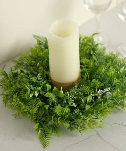 HIER_1220 2 Pack | 4" Green Artificial Fern Leaf Mix Pillar Candle Ring Wreaths Garlands | Vines