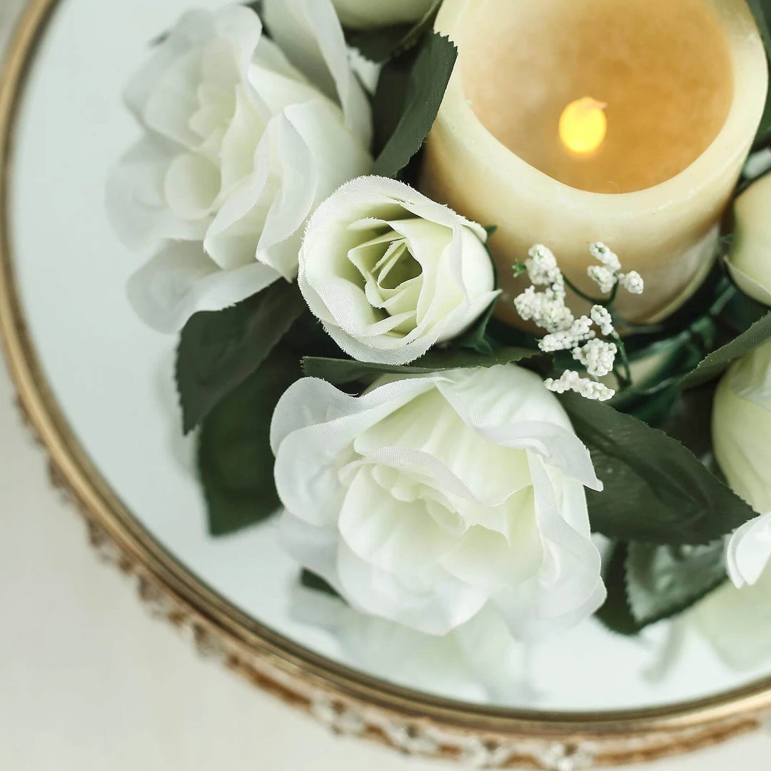 HIER_1600 Chargers & Centerpieces 4 Pack | 3" Ivory Artificial Silk Rose Flower Candle Ring Wreaths 9 HIER_1600 Chargers & Centerpieces 4 Pack | 3" Ivory Artificial Silk Rose Flower Candle Ring Wreaths