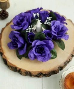 HIER_1600 4 Pack | 3" Purple Artificial Silk Rose Flower Candle Ring Wreaths Chargers & Centerpieces