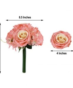 HIER_1300 2 Bushes | Coral Artificial Silk Rose & Hydrangea Mix Flower Bouquets Chargers & Centerpieces