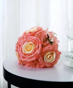 HIER_1300 2 Bushes | Coral Artificial Silk Rose & Hydrangea Mix Flower Bouquets Chargers & Centerpieces