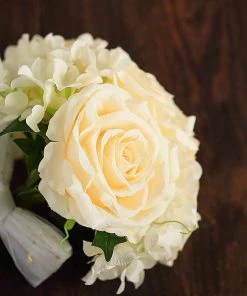 HIER_1300 Chargers & Centerpieces 2 Bushes | Cream Artificial Silk Rose & Hydrangea Flower Bouquets