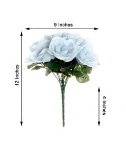 HIER_1300 12" Ice Blue Artificial Velvet-Like Fabric Rose Flower Bouquet Bush Artificial Flower & Plants 15 HIER_1300 12