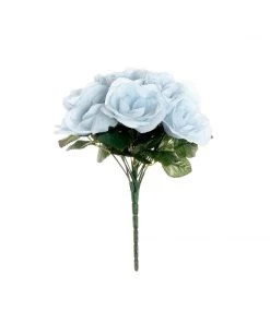 HIER_1300 12" Ice Blue Artificial Velvet-Like Fabric Rose Flower Bouquet Bush Artificial Flower & Plants 25 HIER_1300 12