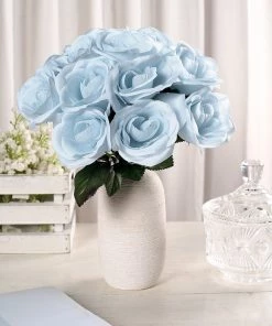 HIER_1300 12" Ice Blue Artificial Velvet-Like Fabric Rose Flower Bouquet Bush Artificial Flower & Plants