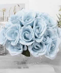 HIER_1300 12" Ice Blue Artificial Velvet-Like Fabric Rose Flower Bouquet Bush Artificial Flower & Plants 19 HIER_1300 12