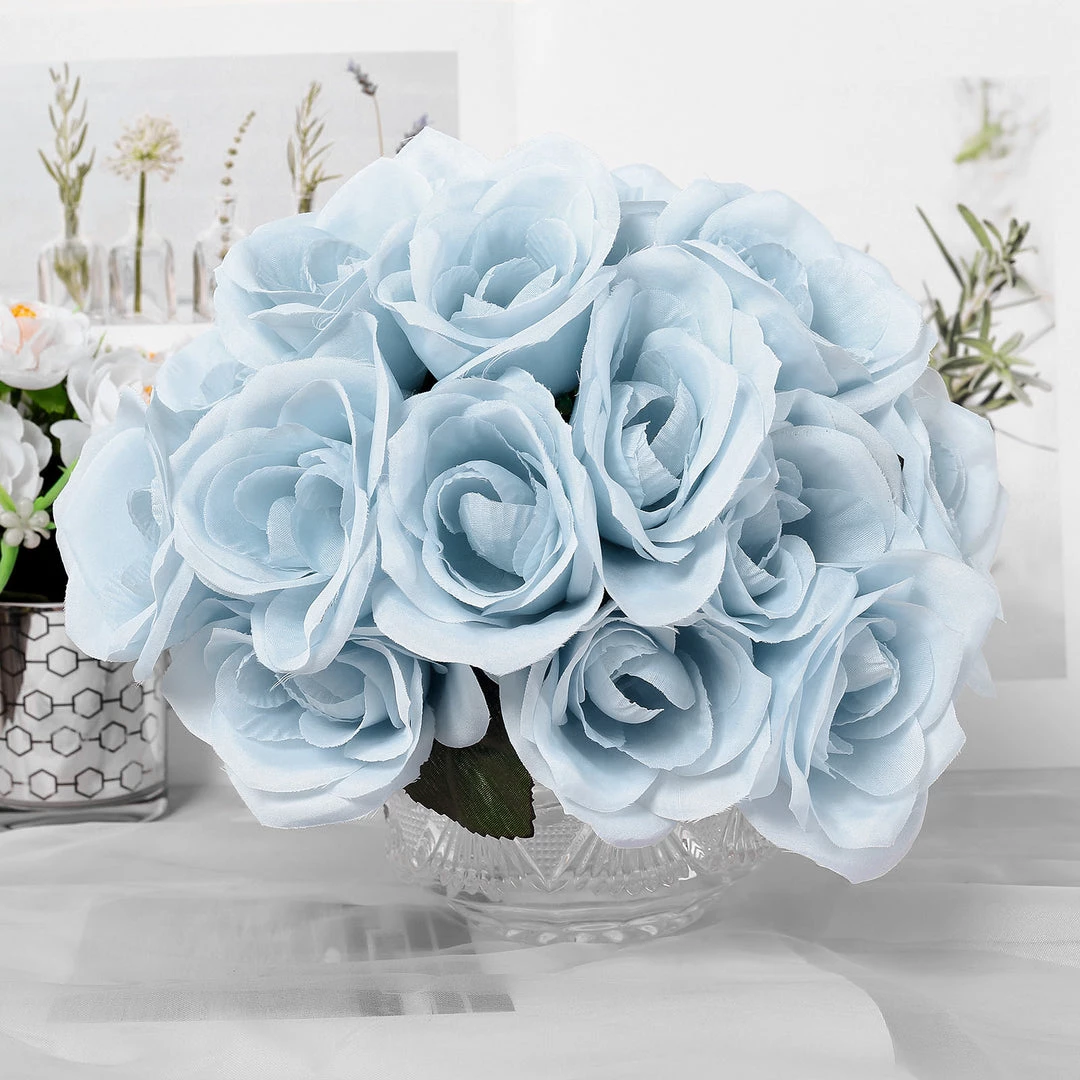 HIER_1300 12" Ice Blue Artificial Velvet-Like Fabric Rose Flower Bouquet Bush Artificial Flower & Plants 7 HIER_1300 12" Ice Blue Artificial Velvet-Like Fabric Rose Flower Bouquet Bush Artificial Flower & Plants