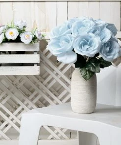 HIER_1300 12" Ice Blue Artificial Velvet-Like Fabric Rose Flower Bouquet Bush Artificial Flower & Plants 21 HIER_1300 12