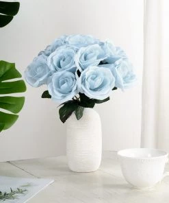 HIER_1300 12" Ice Blue Artificial Velvet-Like Fabric Rose Flower Bouquet Bush Artificial Flower & Plants 18 HIER_1300 12