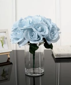 HIER_1300 12" Ice Blue Artificial Velvet-Like Fabric Rose Flower Bouquet Bush Artificial Flower & Plants