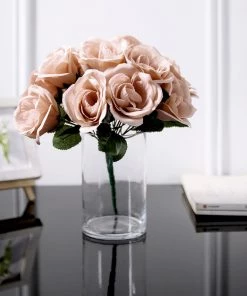 HIER_1300 12" Dusty Rose Artificial Velvet-Like Fabric Rose Flower Bouquet Bush Artificial Roses