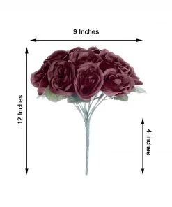 HIER_1300 12" Burgundy Artificial Velvet-Like Fabric Rose Flower Bouquet Bush Artificial Roses 15 HIER_1300 12