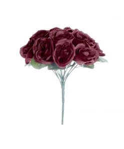 HIER_1300 12" Burgundy Artificial Velvet-Like Fabric Rose Flower Bouquet Bush Artificial Roses 25 HIER_1300 12