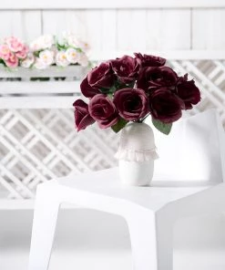 HIER_1300 12" Burgundy Artificial Velvet-Like Fabric Rose Flower Bouquet Bush Artificial Roses