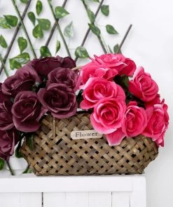 HIER_1300 12" Burgundy Artificial Velvet-Like Fabric Rose Flower Bouquet Bush Artificial Roses 18 HIER_1300 12
