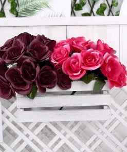 HIER_1300 12" Burgundy Artificial Velvet-Like Fabric Rose Flower Bouquet Bush Artificial Roses 21 HIER_1300 12