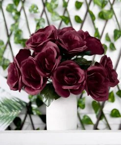 HIER_1300 12" Burgundy Artificial Velvet-Like Fabric Rose Flower Bouquet Bush Artificial Roses 23 HIER_1300 12