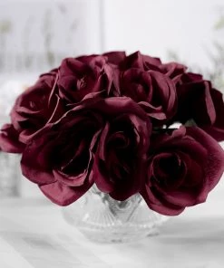 HIER_1300 12" Burgundy Artificial Velvet-Like Fabric Rose Flower Bouquet Bush Artificial Roses 22 HIER_1300 12