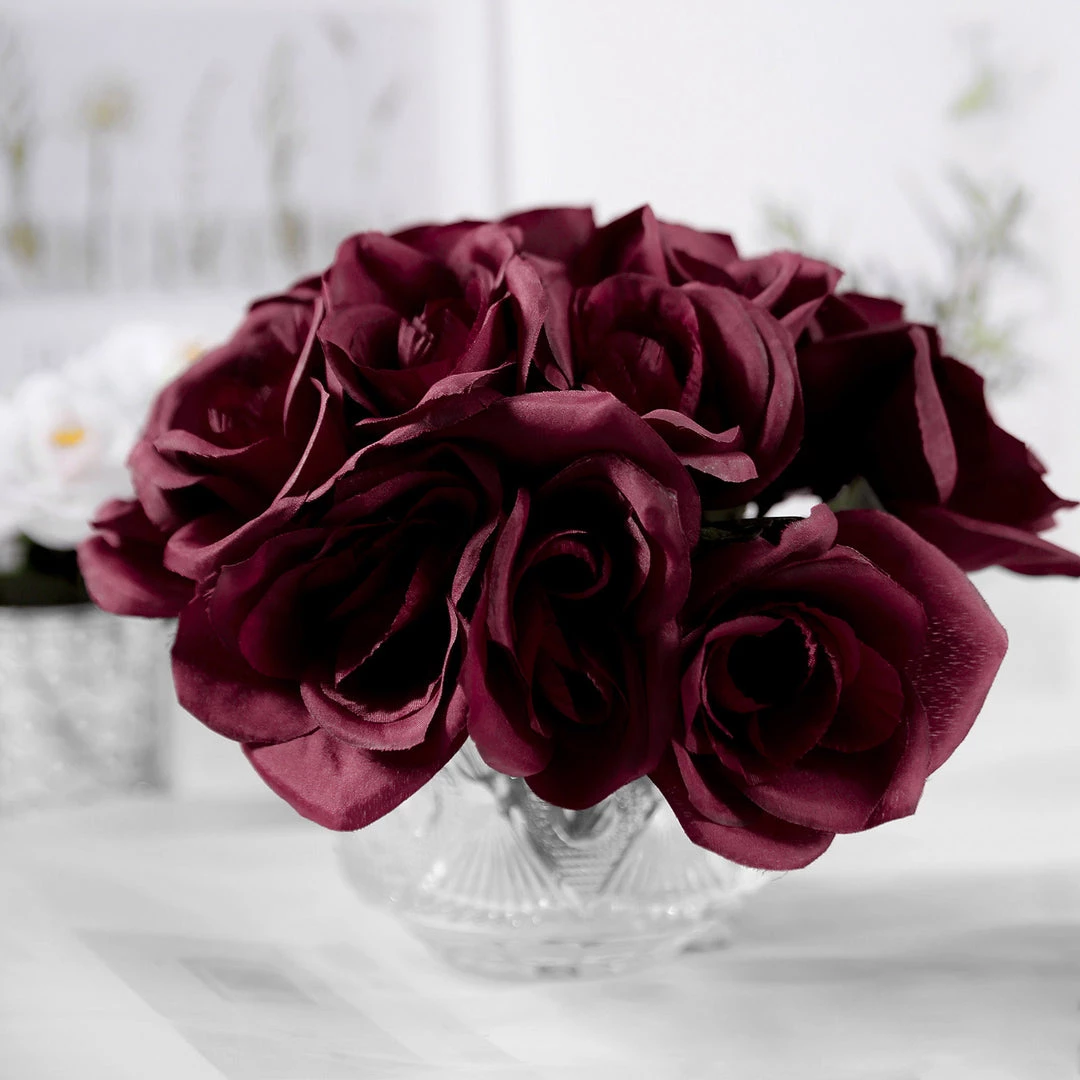 HIER_1300 12" Burgundy Artificial Velvet-Like Fabric Rose Flower Bouquet Bush Artificial Roses 10 HIER_1300 12" Burgundy Artificial Velvet-Like Fabric Rose Flower Bouquet Bush Artificial Roses
