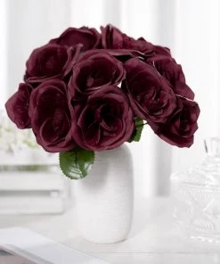 HIER_1300 12" Burgundy Artificial Velvet-Like Fabric Rose Flower Bouquet Bush Artificial Roses 20 HIER_1300 12