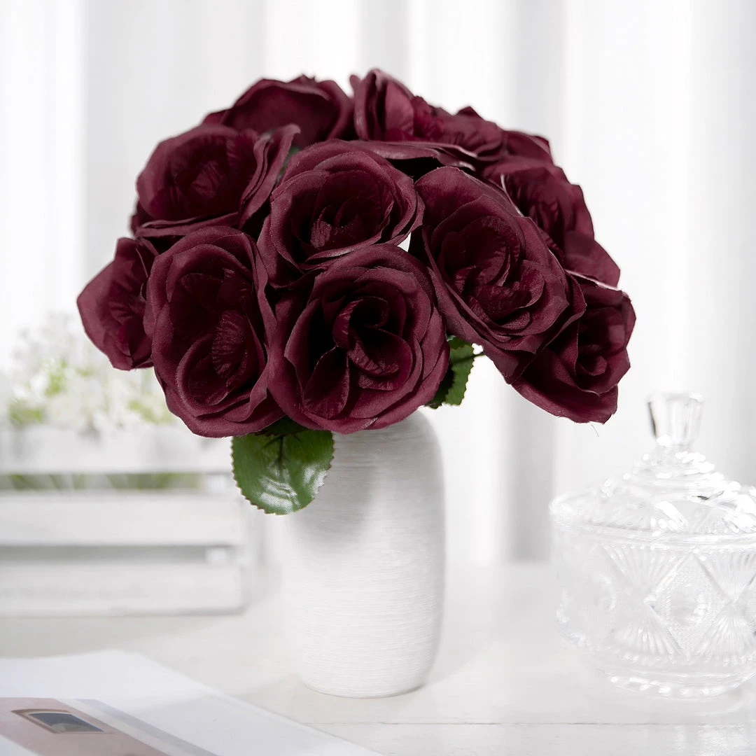 HIER_1300 12" Burgundy Artificial Velvet-Like Fabric Rose Flower Bouquet Bush Artificial Roses 8 HIER_1300 12" Burgundy Artificial Velvet-Like Fabric Rose Flower Bouquet Bush Artificial Roses