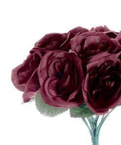 HIER_1300 12" Burgundy Artificial Velvet-Like Fabric Rose Flower Bouquet Bush Artificial Roses 24 HIER_1300 12