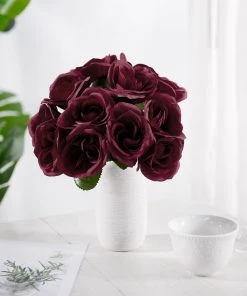 HIER_1300 12" Burgundy Artificial Velvet-Like Fabric Rose Flower Bouquet Bush Artificial Roses 19 HIER_1300 12