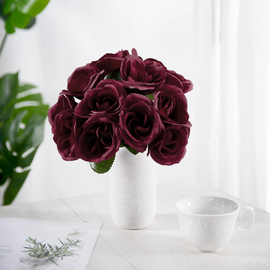 HIER_1300 12" Burgundy Artificial Velvet-Like Fabric Rose Flower Bouquet Bush Artificial Roses 7 HIER_1300 12" Burgundy Artificial Velvet-Like Fabric Rose Flower Bouquet Bush Artificial Roses