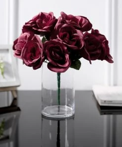 HIER_1300 12" Burgundy Artificial Velvet-Like Fabric Rose Flower Bouquet Bush Artificial Roses