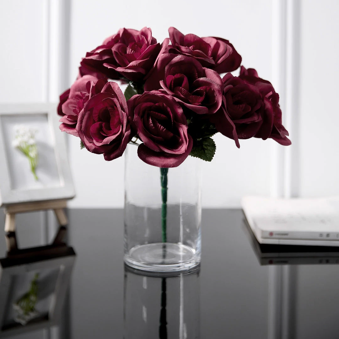 HIER_1300 12" Burgundy Artificial Velvet-Like Fabric Rose Flower Bouquet Bush Artificial Roses 1 HIER_1300 12" Burgundy Artificial Velvet-Like Fabric Rose Flower Bouquet Bush Artificial Roses