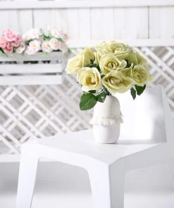 HIER_1300 12" Champagne Artificial Velvet-Like Fabric Rose Flower Bouquet Bush