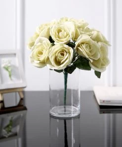 HIER_1300 12" Champagne Artificial Velvet-Like Fabric Rose Flower Bouquet Bush