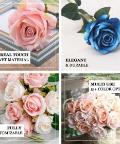 HIER_1300 12" Burgundy Artificial Velvet-Like Fabric Rose Flower Bouquet Bush Artificial Roses 16 HIER_1300 12