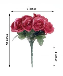 HIER_1300 12" Fuchsia Artificial Velvet-Like Fabric Rose Flower Bouquet Bush Artificial Roses 15 HIER_1300 12